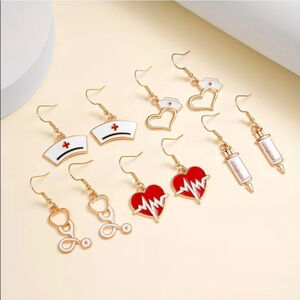Women's Nurse Themed Dangle Earrings One Size Gold Red